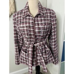 Vintage Ladies Chunky Knit Tweed Wool Maroon Overcoat Belted Blazer Jacket 12